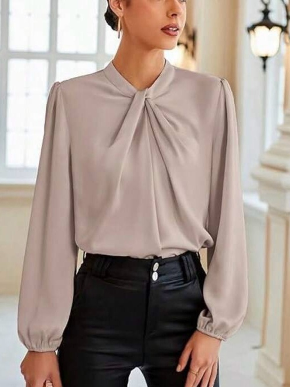 Grace Karin Satin Bowknot Front Blouse Long Sleeve Cream Top Size L Elegant
